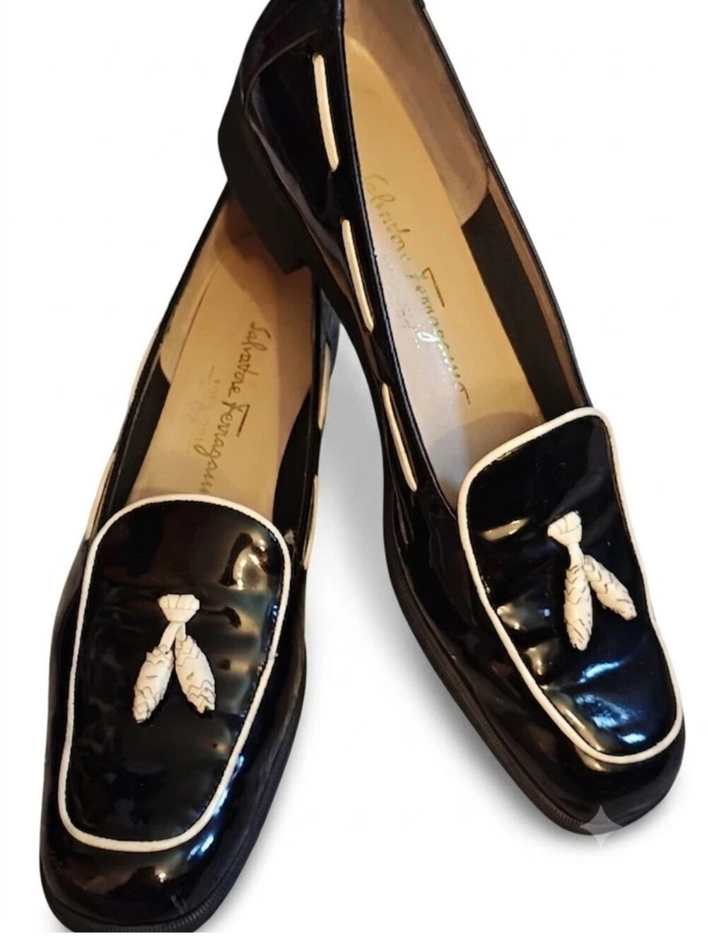 Salvatore Ferragamo Black Patent Loafers with White Trim and Tassel Detail - Picture 2 of 4